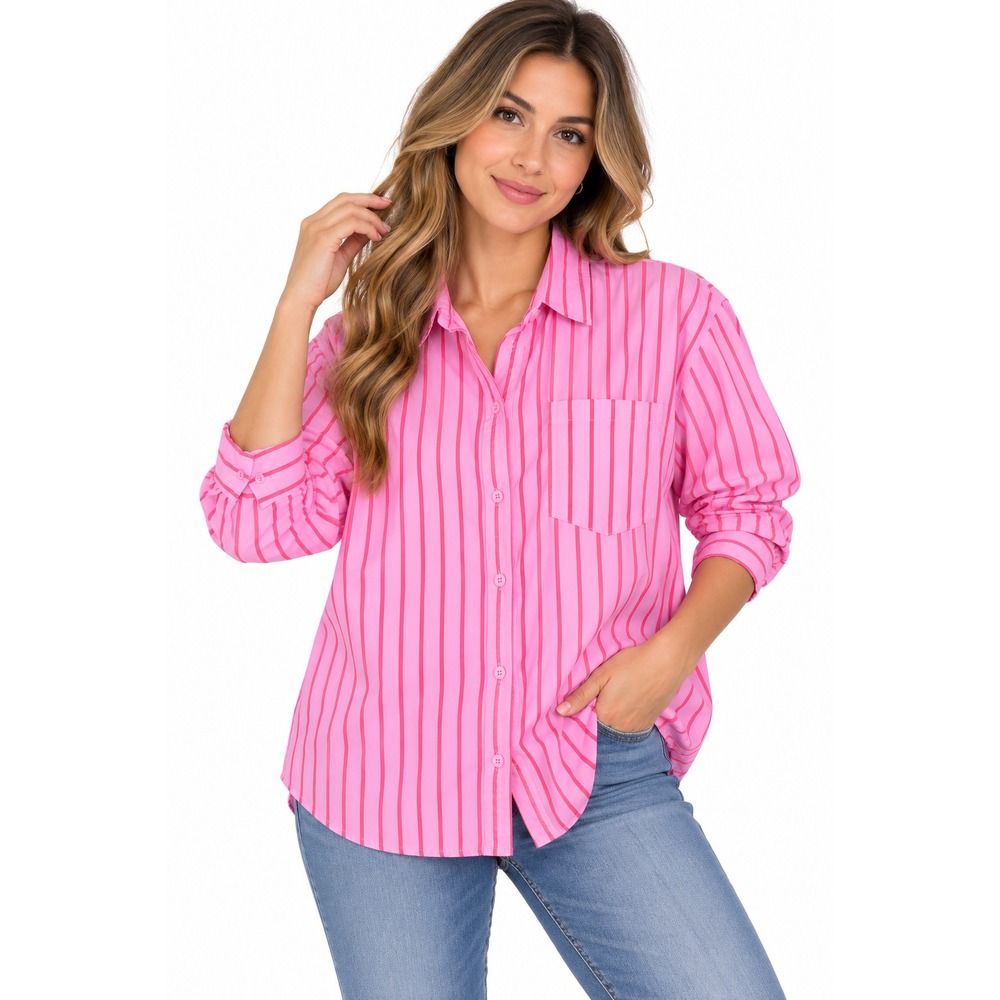 Cotton On Shirt Women's Medium Pink/Red Striped Long Sleeve Button-Up Pockets